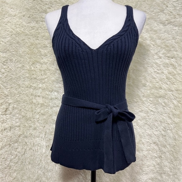 ANTHROPOLOGIE Moth Navy Blue Belted Knitted Sweater Tank - Picture 3 of 9